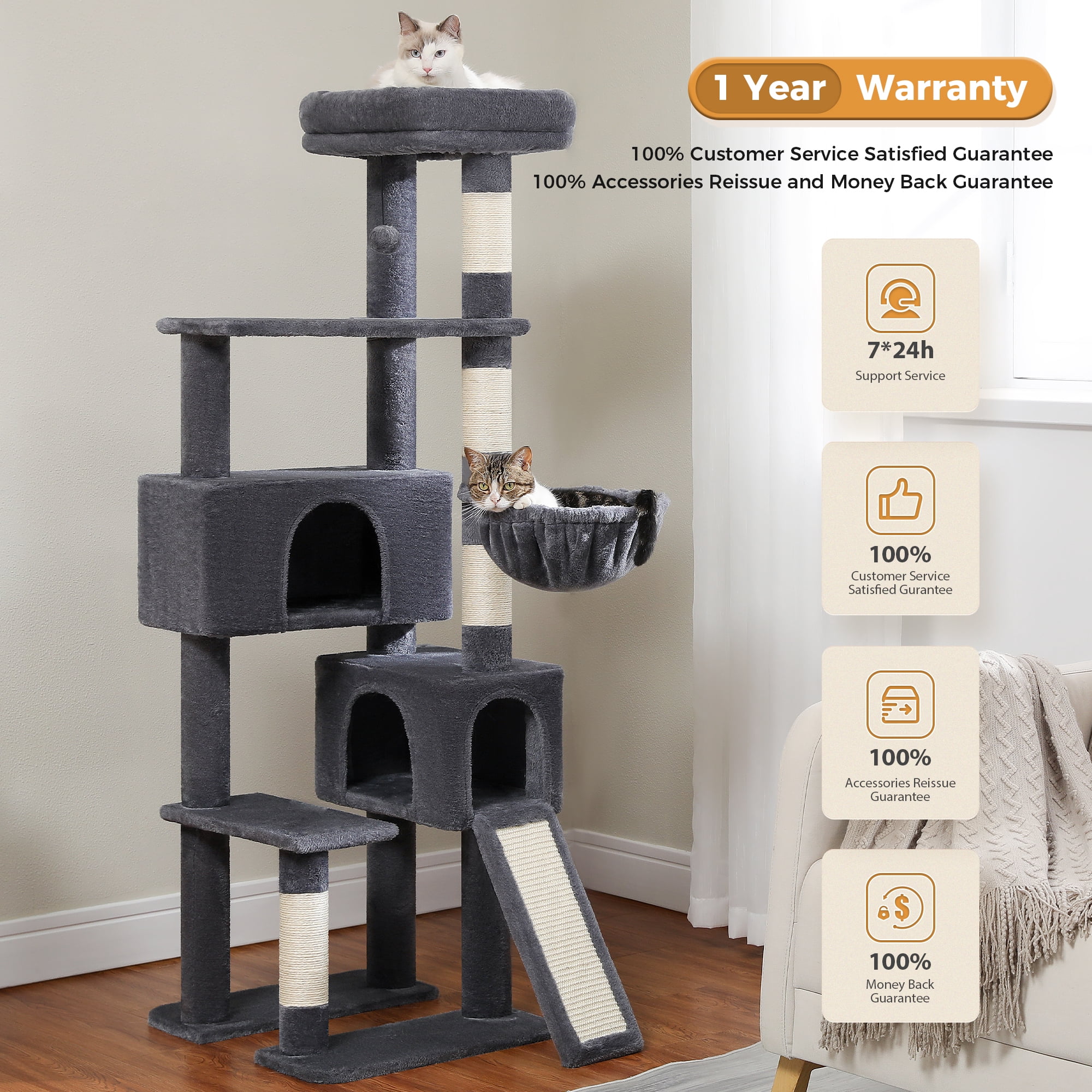 PEQULTI 61" Modern Cat Tree Large Cat Tower with Ladder and Dual Condos Indoor Dark Gray