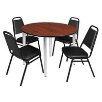 Regency 48 Round Breakroom Table- Cherry Top, Chrome Base & 4 Stack Chairs- Black