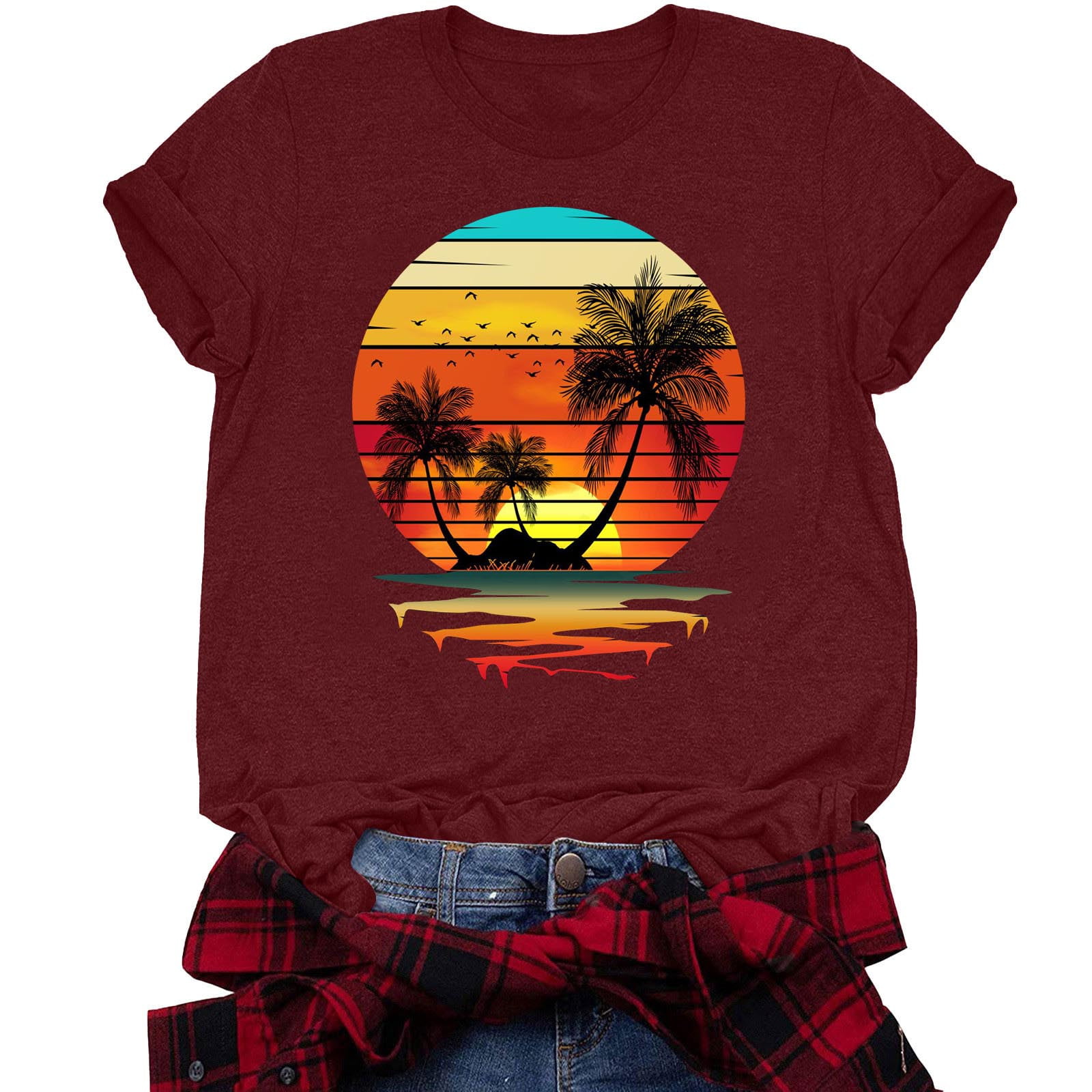 ZQGJB Womens Hawaiian Aloha Beach Hawaiian Palm Trees Sunset Retro T-Shirt  Casual Short Sleeve Round Neck Pullover Tees Holiday Gift Shirt Wine XXL 