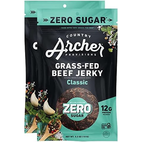 Zero Sugar Classic Beef Jerky by Country Archer, 100% Grass-Fed, Sugar Free, Gluten Free, Protein Snacks, 5.3 Ounce, 2 Pack