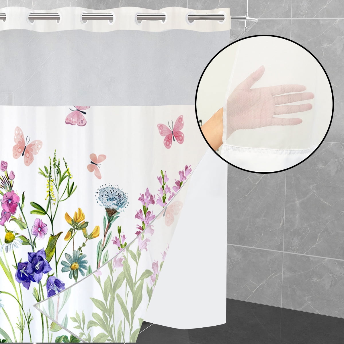 Dznils White No Hook Fabric Shower Curtain with Snap-in Liner, 72" x 74", Pink Floral Patterned