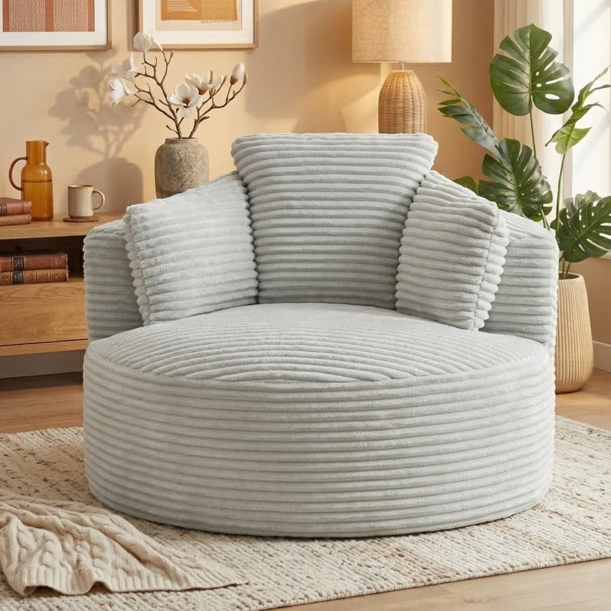 Aukfa Modern Corduroy Round Accent Chair, Compressible Chaise Lounge for Living Room & Bedroom, No Assembly,Gray