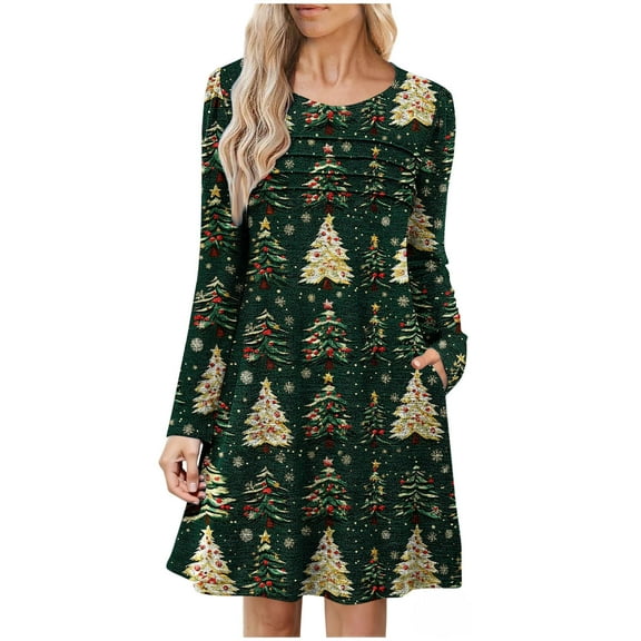 ZHYou Women Christmas Printed Dresses Holiday Themed Long Sleeve Shift Frock Crew Neck Soft Comfortable Festive Casual Mini Dress with Pockets,Green,S