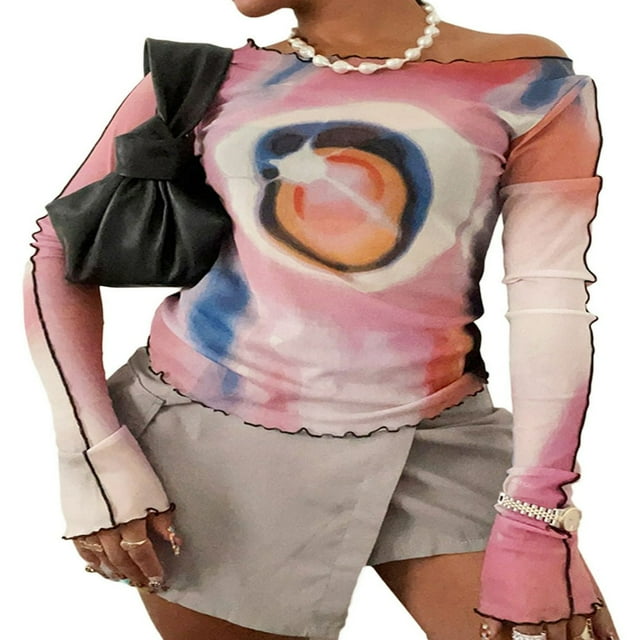Women Long Sleeve Boat Neck Contrast Color Ruffle Casual Tops