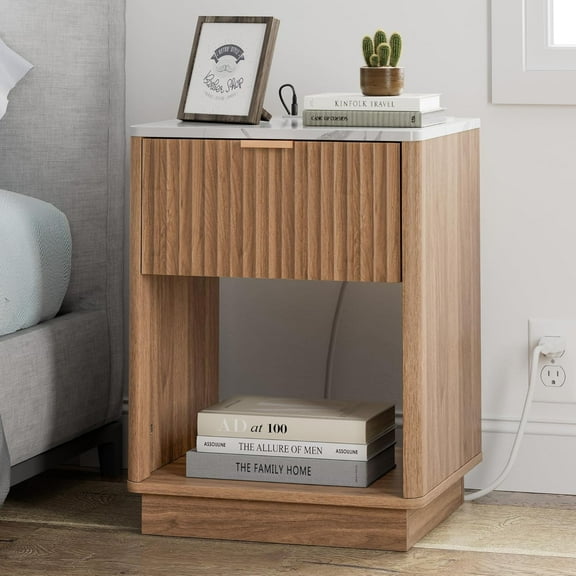 Fluted Nightstand with Charging Station, 18" Side Table with Faux Stone Color Top, Mid Century Modern Night Stand Bedside Table with Drawer and Open Shelf for Bedroom Living Room, Walnut