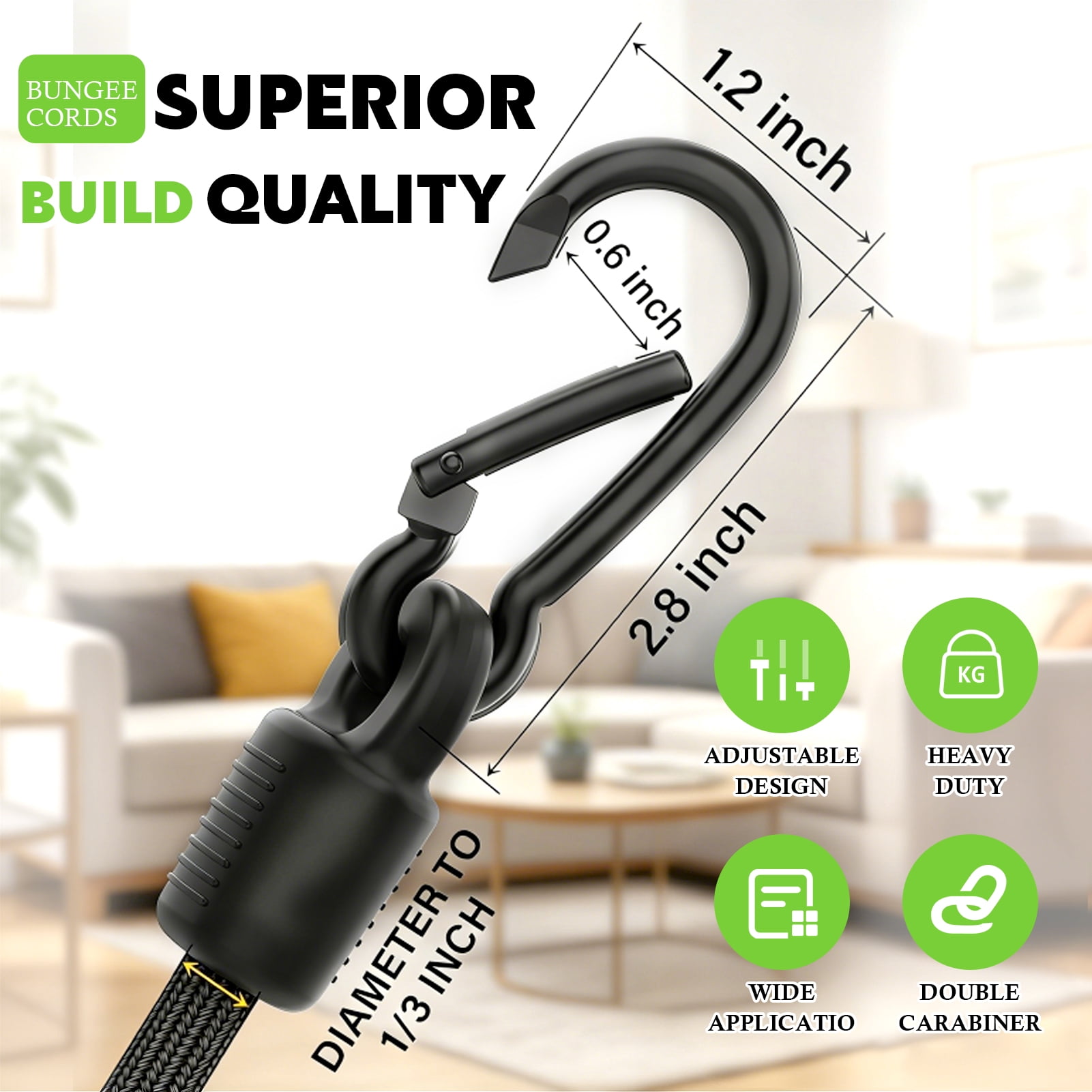 Amaopus 8 Pcs Adjustable Bungee Cords with Hooks, Heavy Duty Outdoor Carabiner Bungee Cord, Black Super Elastic Bungee Straps Easily Adjust from 7" to 48", Great for Cargo, Camping, Bike Racks, Tents