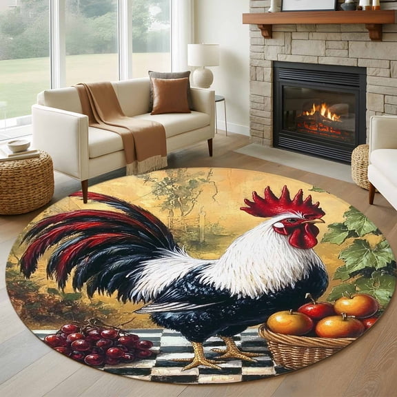 Black White Retro Rooster Round Rug 5ft Washable Circle Kitchen Rugs Non Slip Farmhouse Animals Watercolor Large Area Rug Indoor Floor Carpet for Bedroom Living Room Home Office Dining Room Nursery