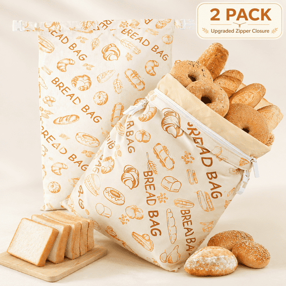 2 Pack Beeswax Bread Storage Bag with Zipper, Cotton Bread Keeper Bags for Homemade Sourdough, Artisan Loaves, Bagels, Kitchen Food Storage, 13 x 16 in