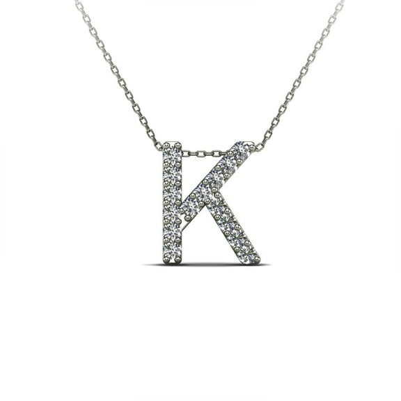 0.12 Carat Real Diamond Initial "K" Pendant Necklace for Women in 14K Yellow and White Gold with 18" Gold Cable Chain|Silver Chain