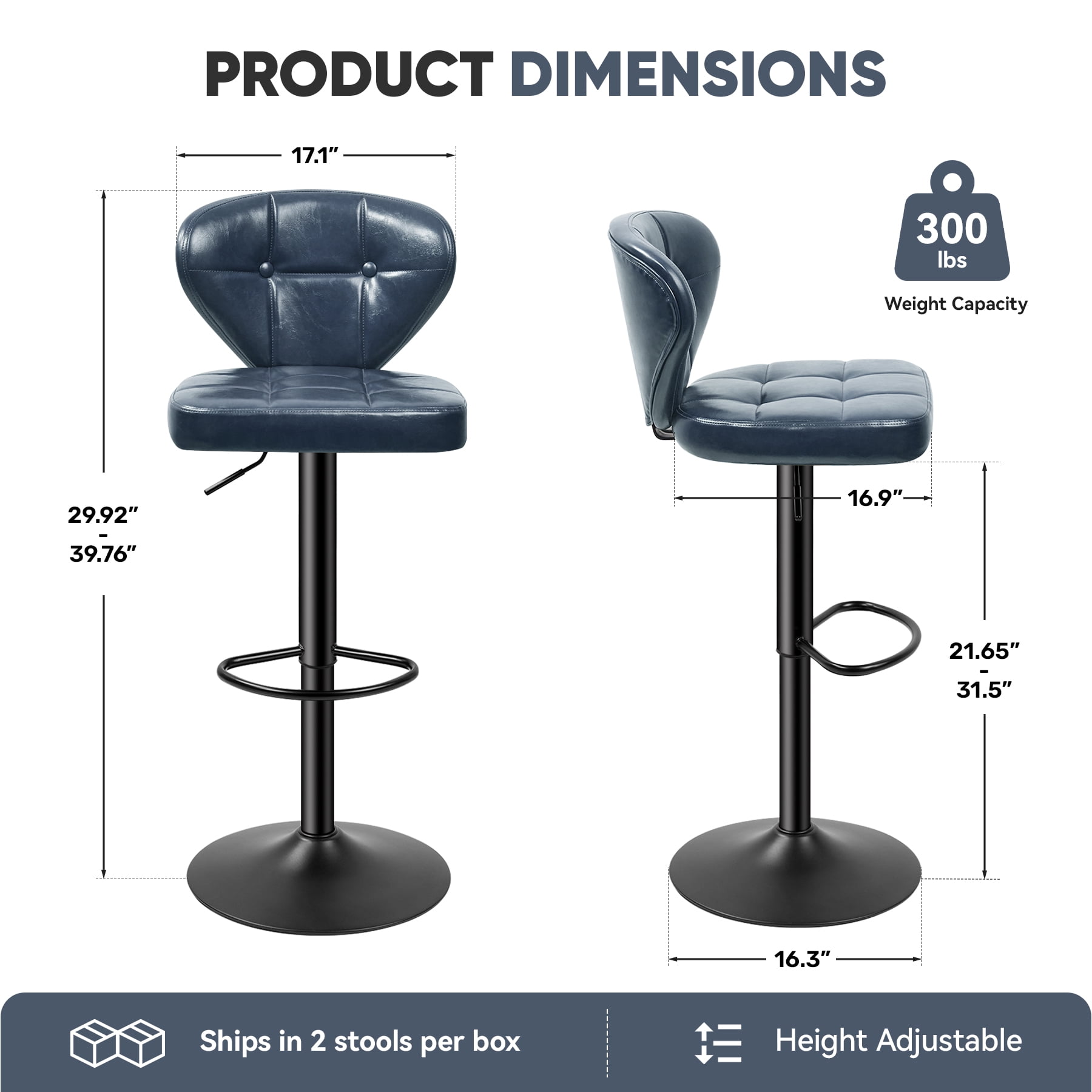 MOONMISS Bar Stools Set of 2, Modern Swivel Bar Chairs with Mid Back and Adjustable Seat Height,Blue