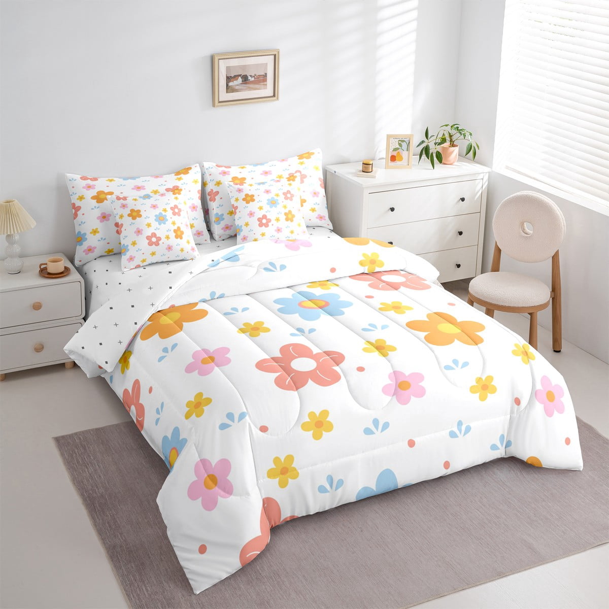 jejeloiu Cute Flower Twin Bedding Sets 7-Piece,Plant Theme Bedding Comforter Set,Orange Blue White Sheet Sets For Girls Kids,Microfiber Room Decoration