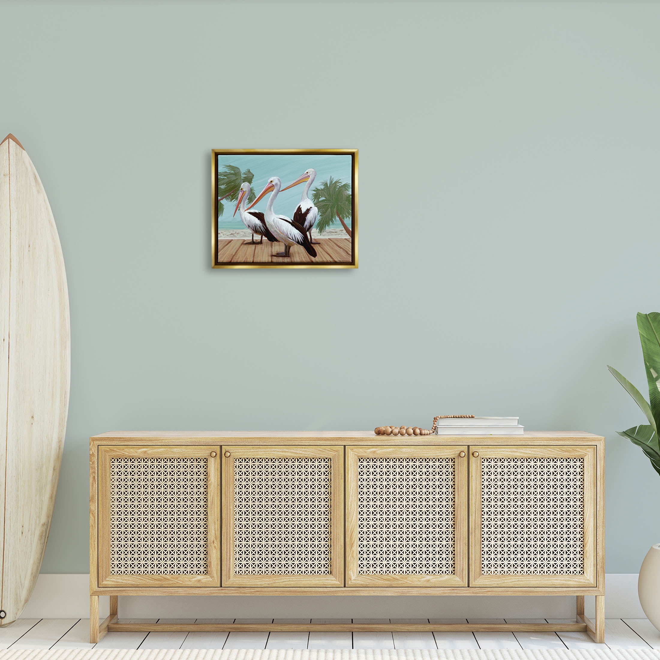 Stupell Industries Tropical Pelicans Beach Boardwalk Painting Metallic Gold Floating Framed Canvas Print Wall Art, Design by Ziwei Li
