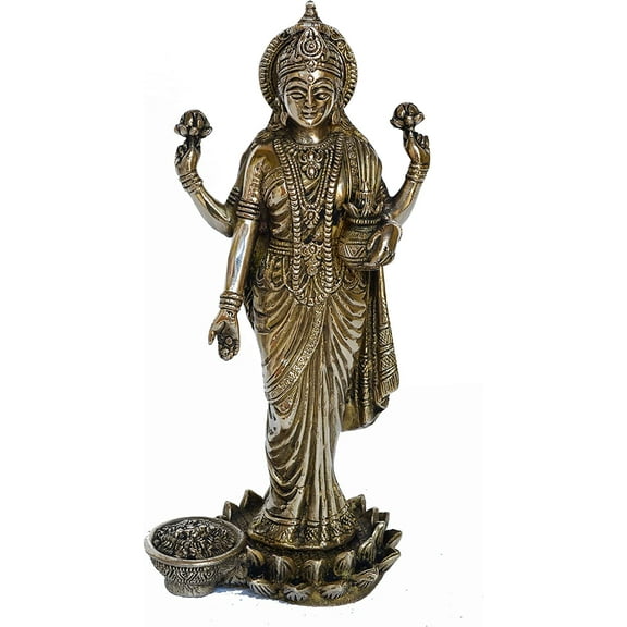 Aakrati Laxmi ji Standing on Flower Antique Finish Brass 10 inch Brass Statue Showpiece for Temple Worship, Gift and Decor