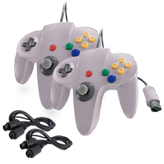 RetroFam 2 Pack Wired Compatible N64 Controller for Nintendo 64 N64 Game Console with 6ft Extension Cable, Gray