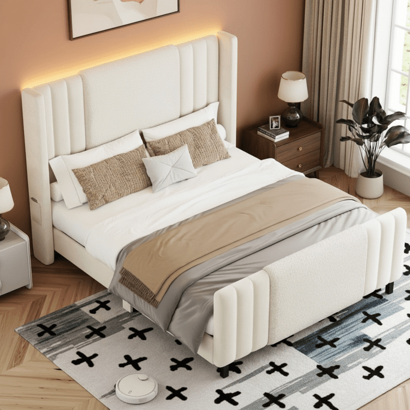 King Upholstered Bed Frame with LED Headboard & Footboard - Noiseless, Easy Assembly Platform Bed for Master Bedroom and Guest Room, White
