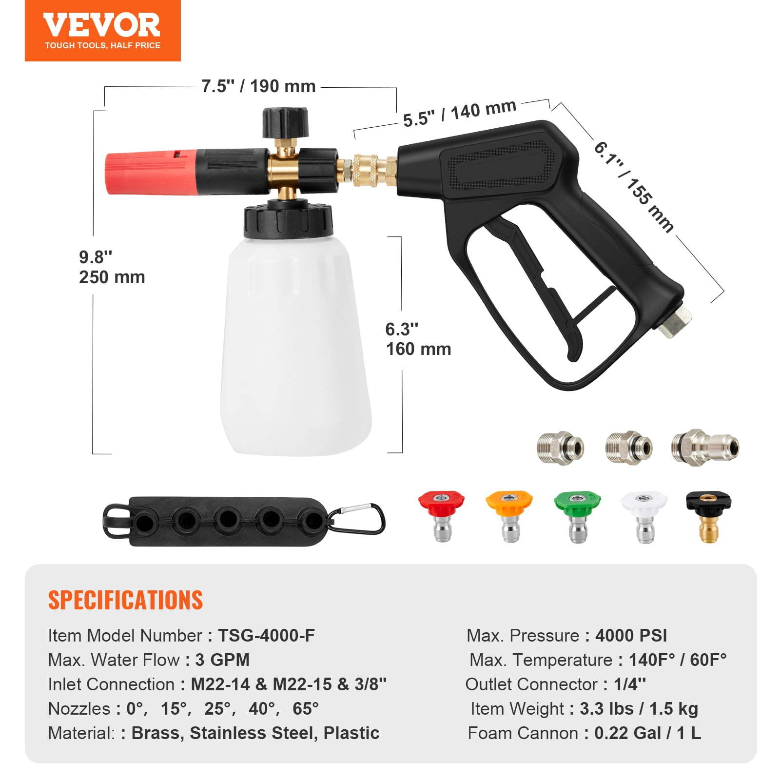 VEVOR 1/4" Snow Foam Pressure Washer Gun 4000PSI Car Wash Soap Lance Spray