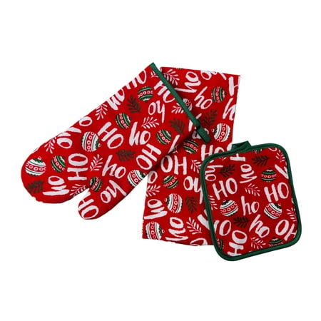 Serafina Home Holiday Kitchen Dish Towel and Pot Holders - Set of 3 100% Cotton Red "HO HO HO" with Green Leaves & Ornament Design - One (1) Kitchen Towel One (1) Oven Mitt and One (1) Pot Holder