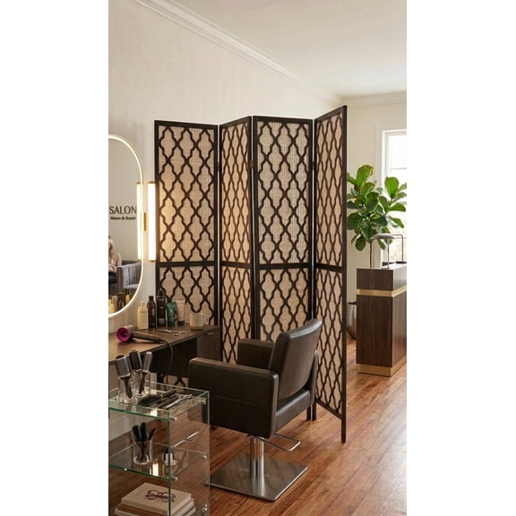 Legacy Decor Modern Room Divider 4 Panels Rattan Cane Webbing Decorative Cut Outs Freestanding Espresso 71 Inch Tall