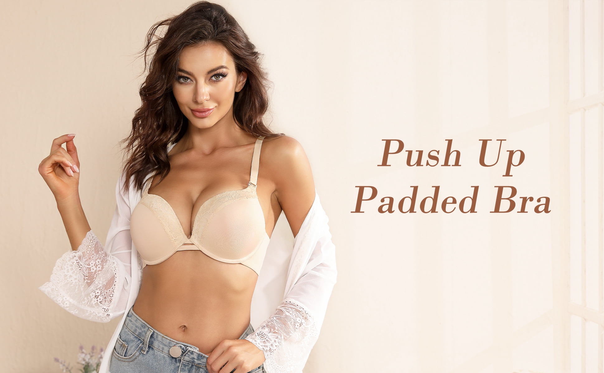 YANDW Push-up Padded Bras for Women Plunged Underwire Support Bra Add One Cups, Beige 36C