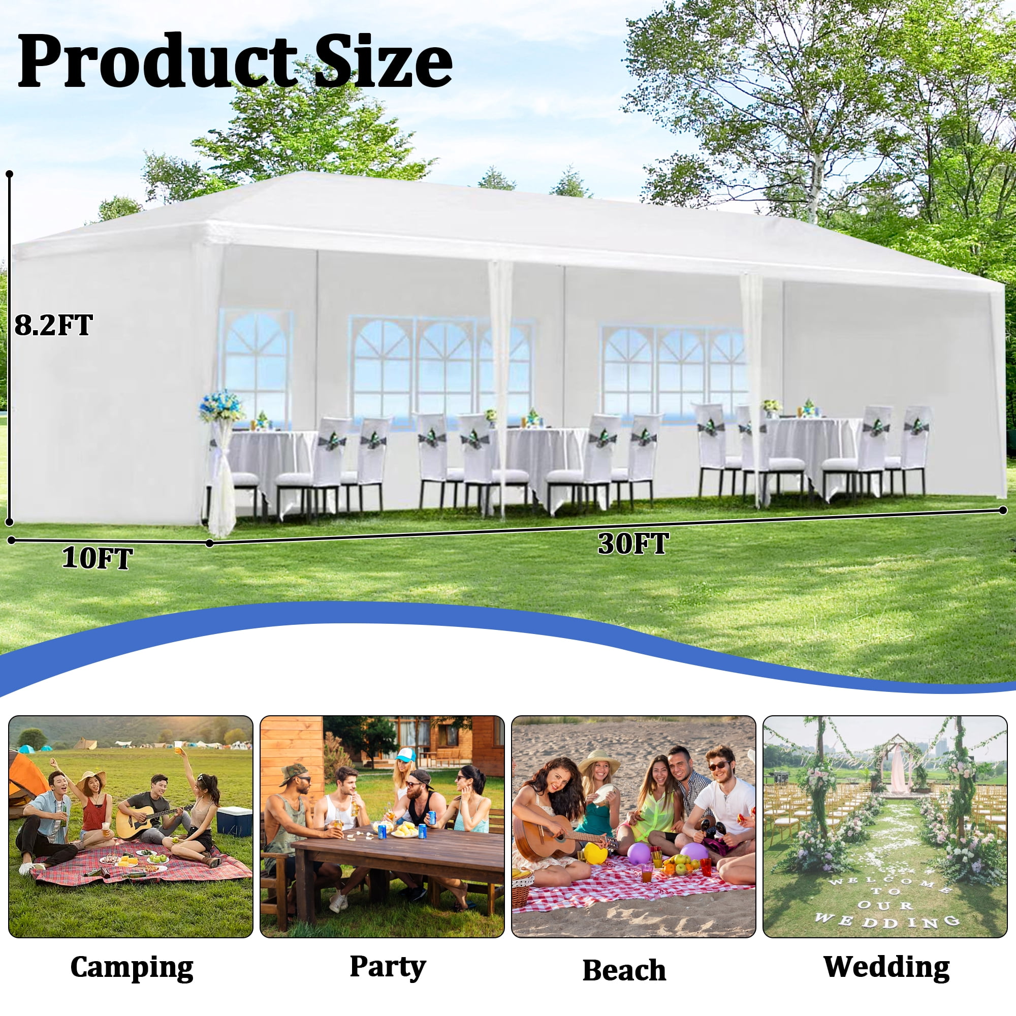 10'x30' Canopy Tent Wedding Party Outdoor Gazebo with 5 Removable Sidewalls for Weddings and Events,White