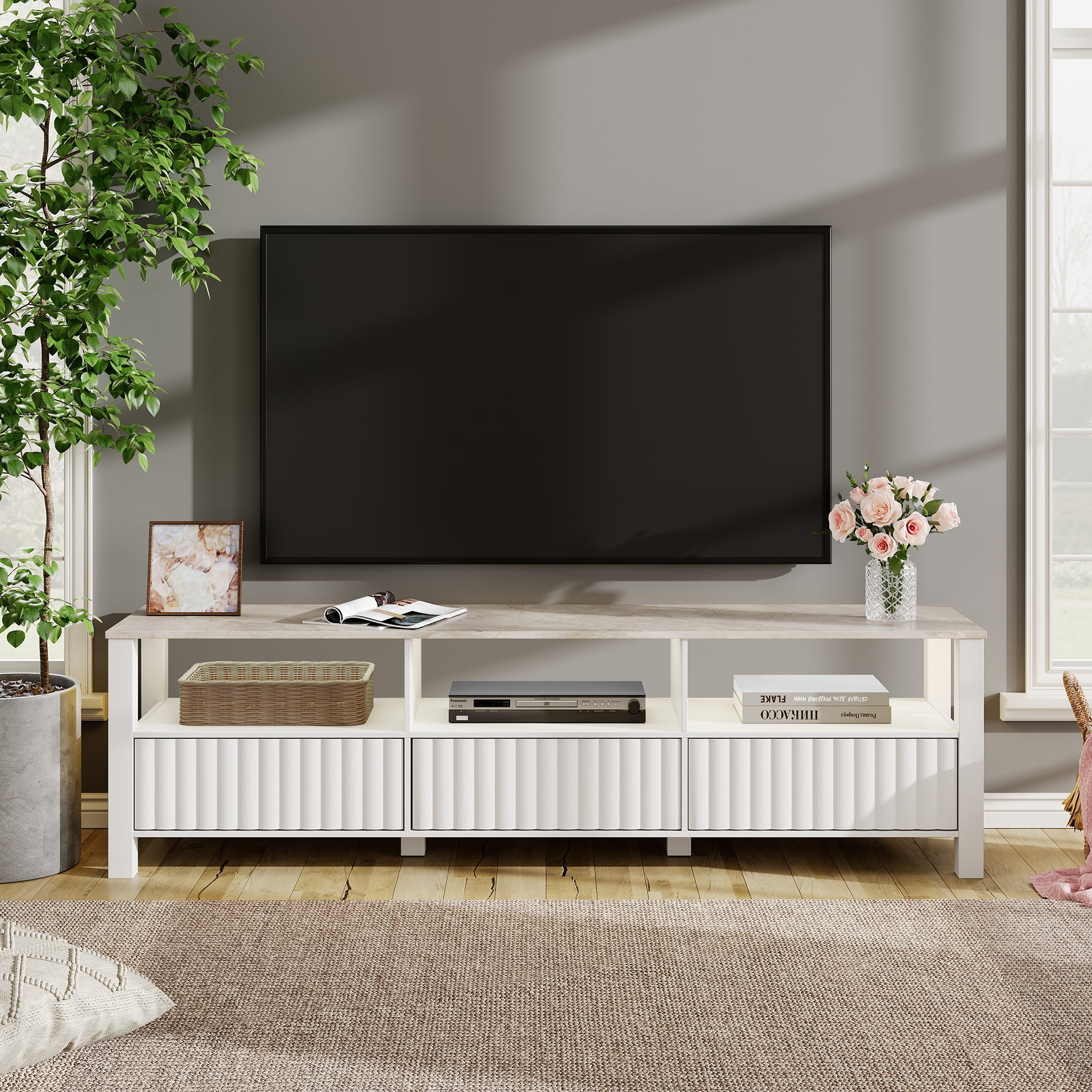 TV Stand for 85 inches Flat Screen, LED Wood Media Console Storage