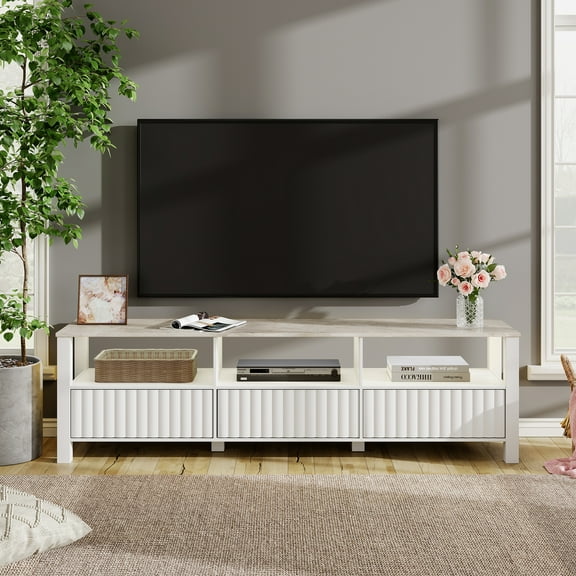 TV Stand for 75 Inch TV Stands with LED Lights, Media Console Entertainment Center Television Table with 6 Open Shelves for Living Room, White 70 inch