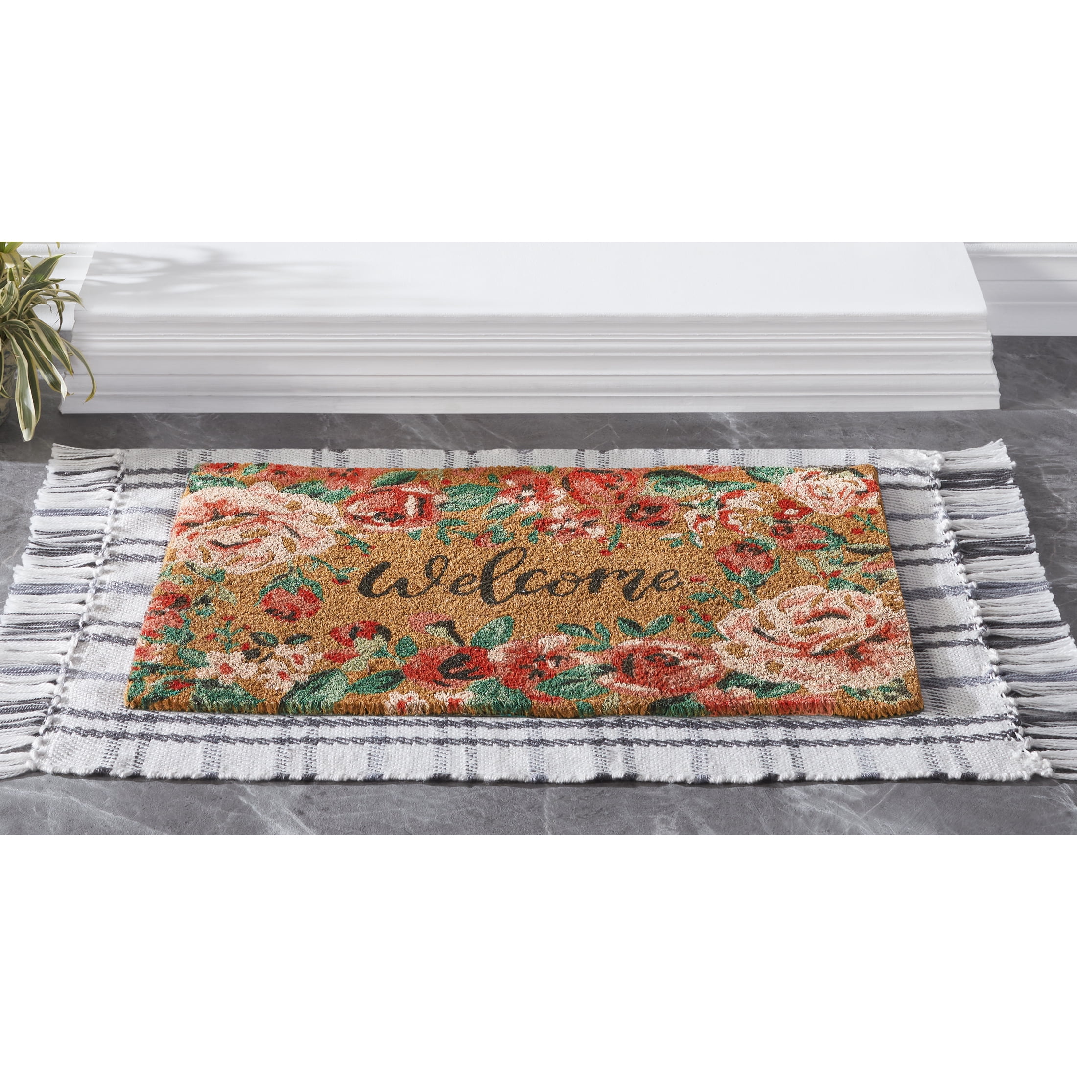 Mainstays 2pc Doormat and Layering Rug Set, Welcome Floral 