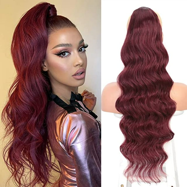 Red Ponytail Hair Extension Long Curly Wavy Drawstring Ponytail for Women Synthetic Heat Resistant Fiber Wrap Around Drawstring Ponytail Hairpiece
