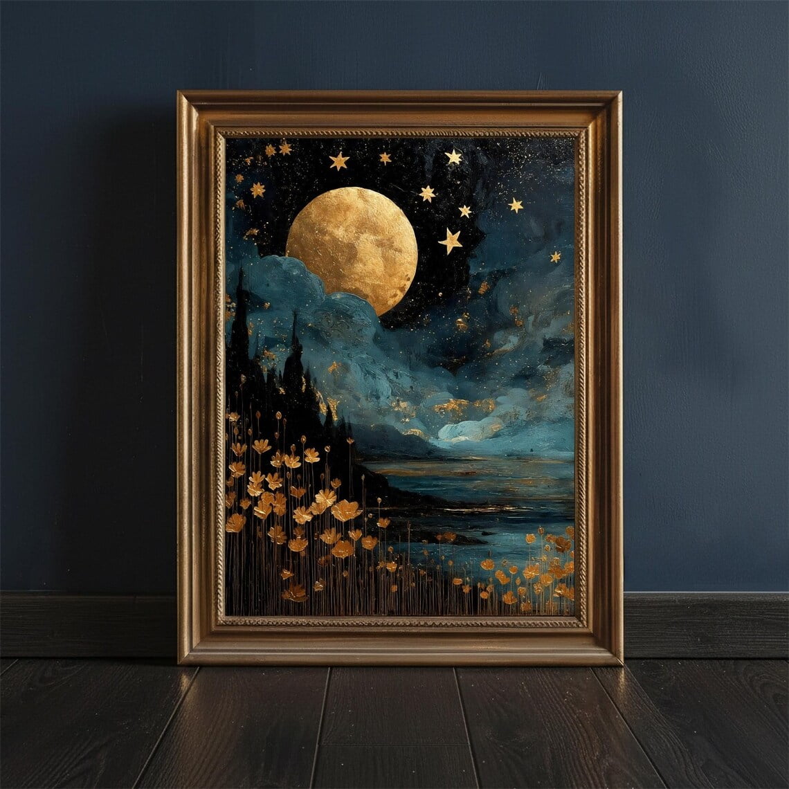 Golden Moon Nightscape Wall Art Print Tranquil Celestial Decor