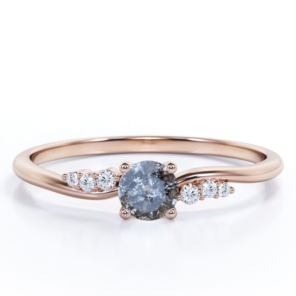 JeenMata Dainty Design - 0.6 Carat Round Cut Salt and Pepper Diamond with Moissanite - 6 Stone Cluster Prong Engagement Ring - 18K Rose Gold Plating over Silver