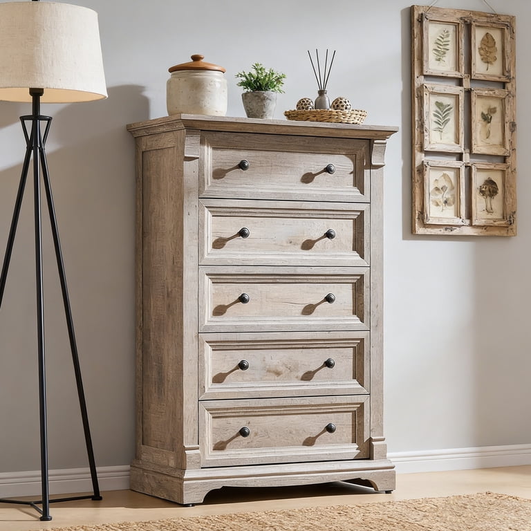 KeyWhat 47" Tall 5-Drawer Farmhouse Dresser, Light Rustic Oak photo 7
