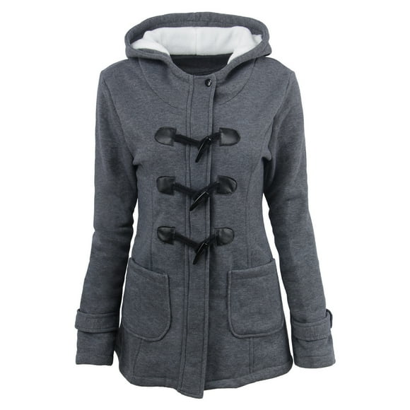 Meichang Women's Fuzzy Fleece Pea Coat Plus Size Casual Horn Button Hoodies Jacket Winter Warm Hooded Outerwear with Pockets