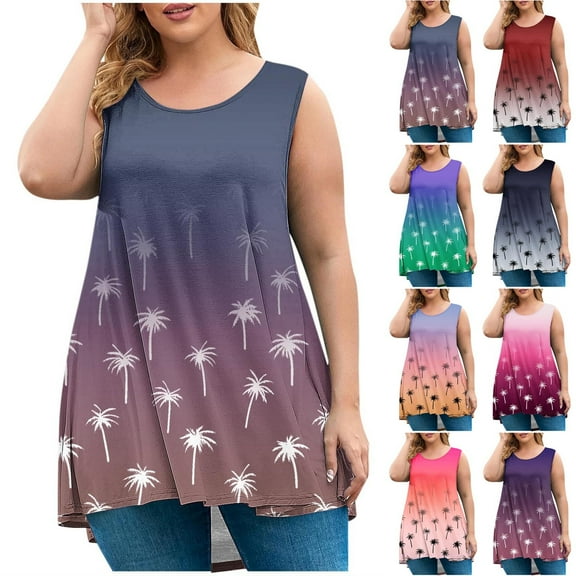 Frostluinai Women's Plus Size Tank Tops Cotton Breathable Sleeveless Shirts Loose Fit Crew Neck Summer Blouses Casual Gradient Beach Tanks L-5XL