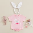 thumbnail image 2 of Okbabeha Newborn Baby Boy Girl Easter Outfit Fuzzy Embroidered Romper Short Sleeve Bodysuit Jumpsuit with Bunny Ears Headband, 2 of 9