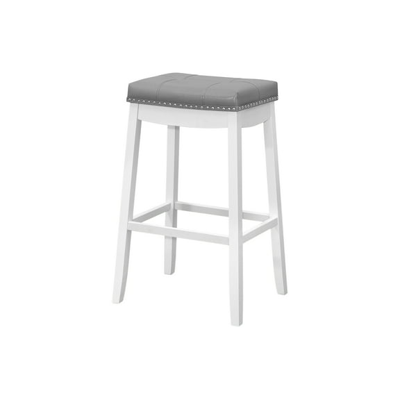 Dining Chairs Bar Stool, Set Of 2, Bar Height, Saddle Seat, White Wood, Grey Leather Look, Transitional,Dining Room Seating