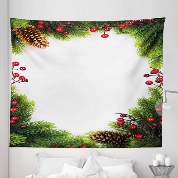 Christmas Tapestry, Xmas Frame with Holly Berry Pine Cone Natural Wreath Traditional Composition, Fabric Wall Hanging Decor for Bedroom Living Room Dorm, 5 Sizes, Green Brown Red, by Ambesonne