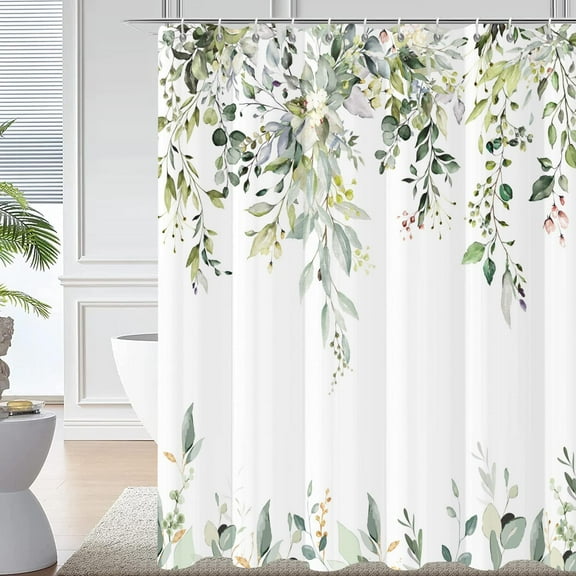 Sage Green Eucalyptus Leaves Shower Curtain, Green and Gold Leaves Spring Botanical Plants Bathroom Curtain Waterproof Fabric Machine Washable with Hooks, 72" Wx72 L