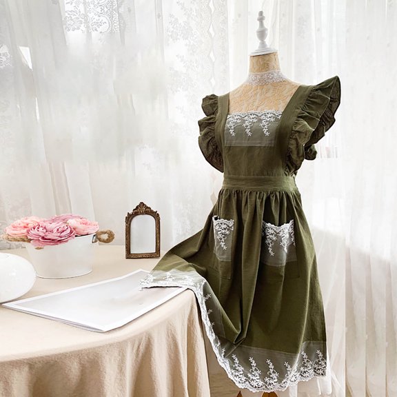 yujian Kitchen Essentials Women's Baking Apron Women's Ruffles And Roses Apron For Baking, Cooking & Crafts For Women's Army Green
