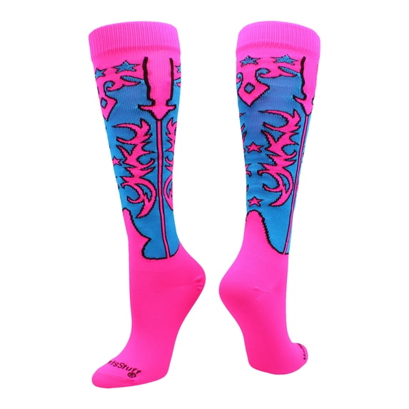 Cowgirl Western Boots Over the Calf Socks (Neon Pink/Electric Blue, Large) - Neon Pink/Electric Blue,Large