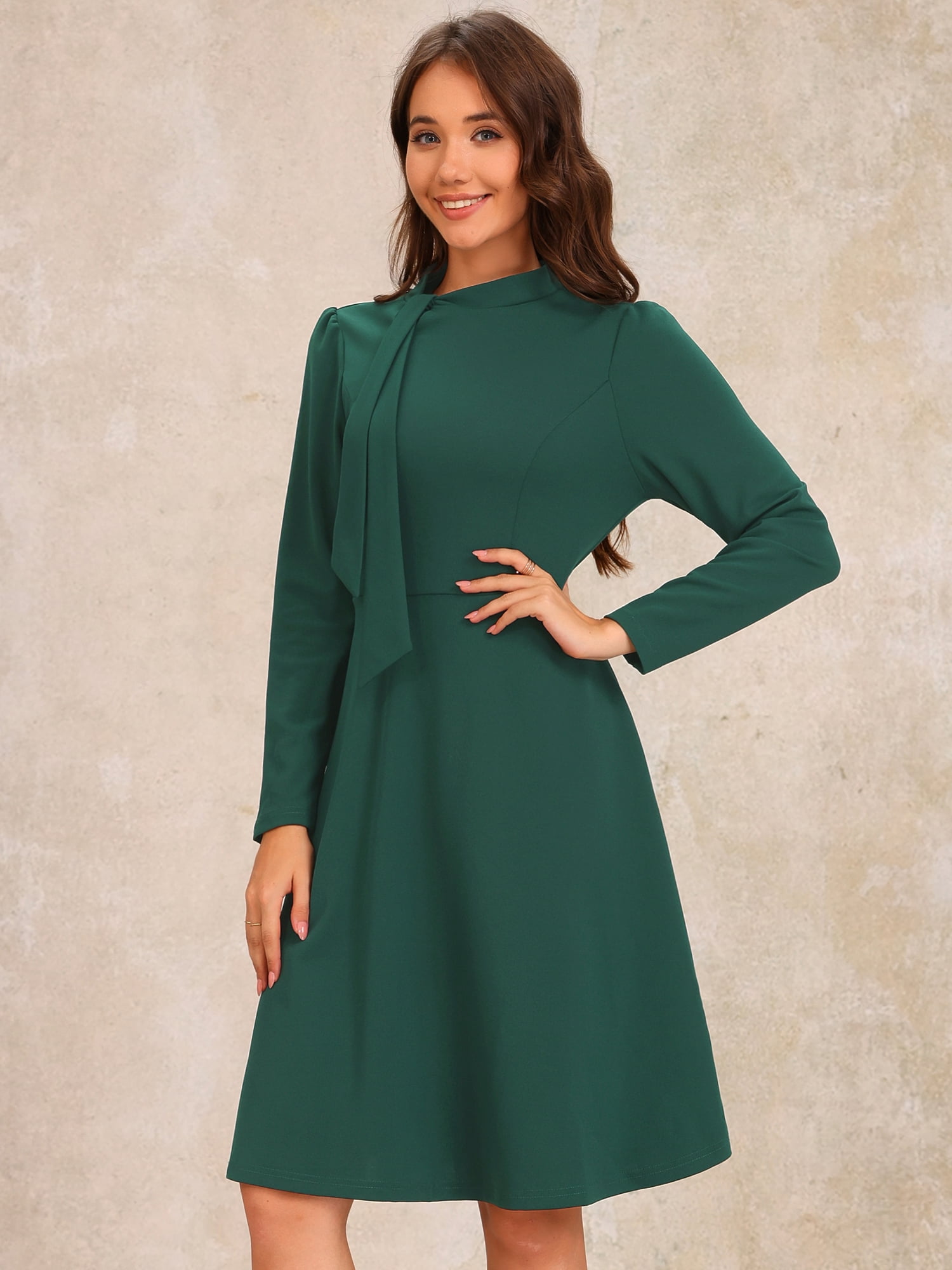DARING DIVA Collar Tie Mock Neck a Line Elegant Midi Dress L Dark Green