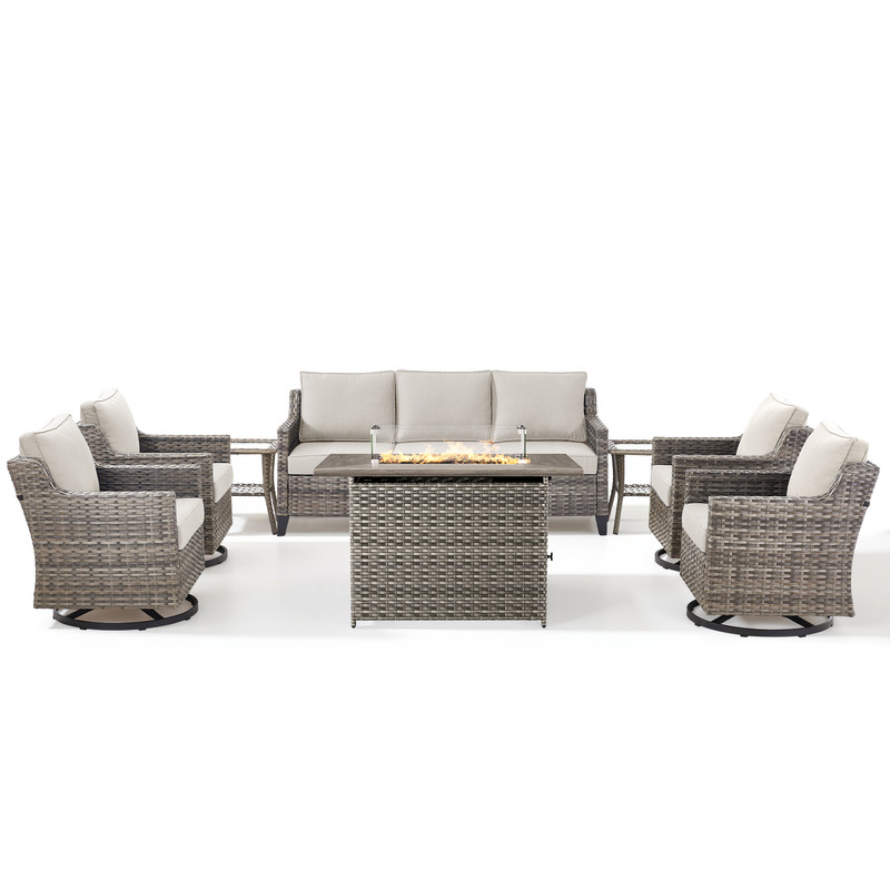 PARKWELL 8 Piece Outdoor Patio Furniture Set with Fire Pit Table,All-Weather Conversation Set with 4-Inch Thick Cushions,4 Swivel Glider Chair,7-Seat Furniture Sets for Deck, Backyard,Gray/Beige