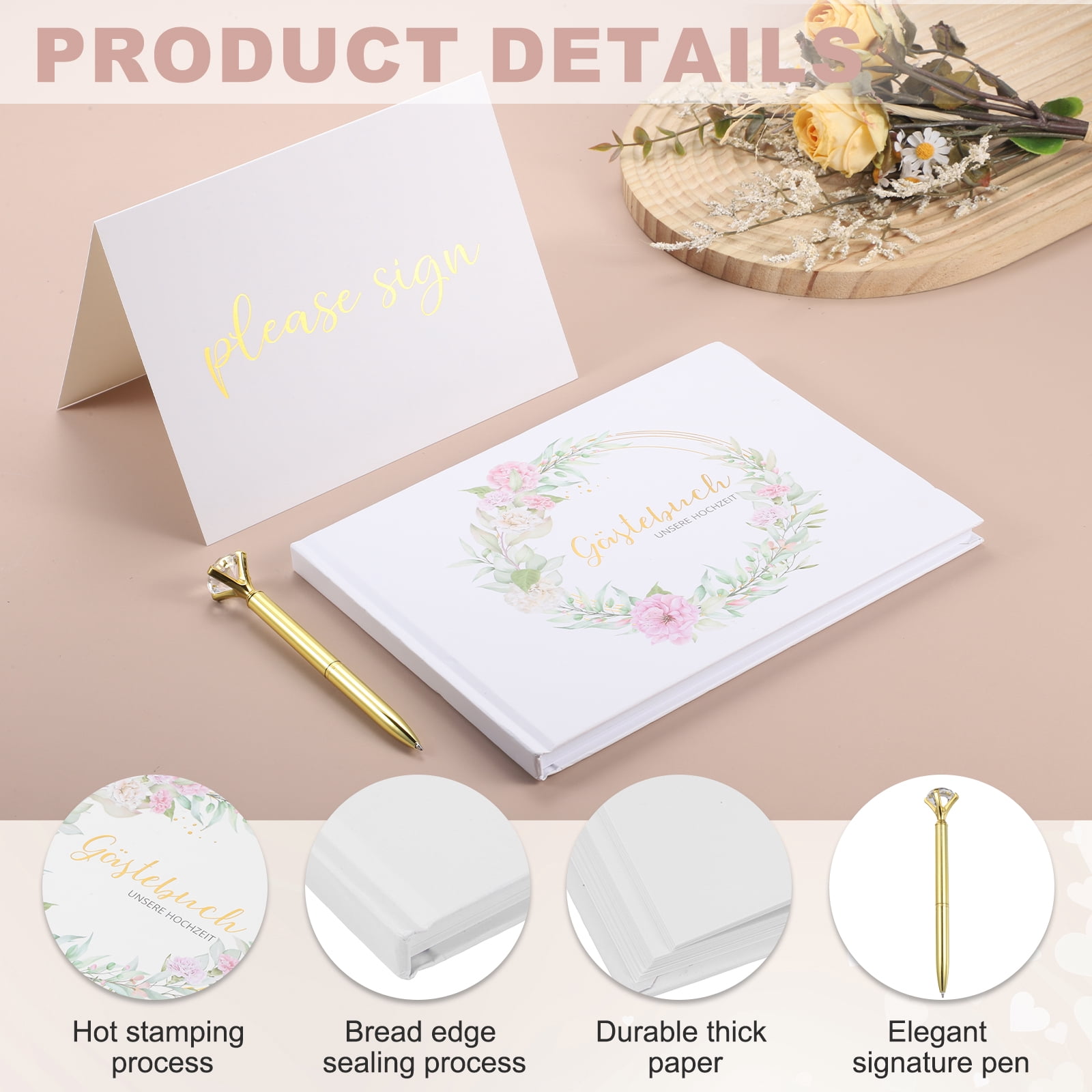 Uxcell Guest Book, 9.3x7" Elegant Wedding Guestbook German Wreath Cover Memory Book with Diamond Signing Pen and Greeting Card for Wedding Bridal Shower Birthday Party Events, Gold Tone