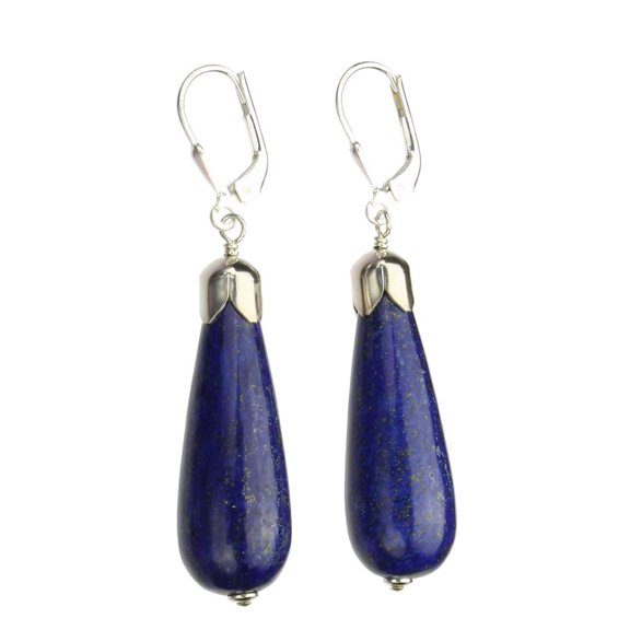 Blue Lapis Stone Long Teardrop Beads Sterling Silver Leverback Earrings