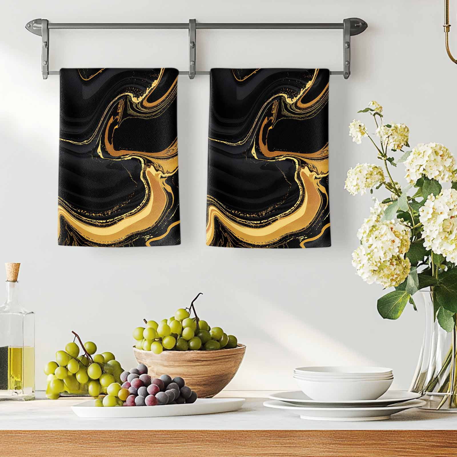 Marble Black Kitchen Towels Set of 3, Vintage Gold Art Abstract Farmhouse Soft Microfiber Dish Towels, Absorbent Quick-Dry Washable Dishcloths for Kitchen Cleaning, Drying Dishes, 18x28 Inches