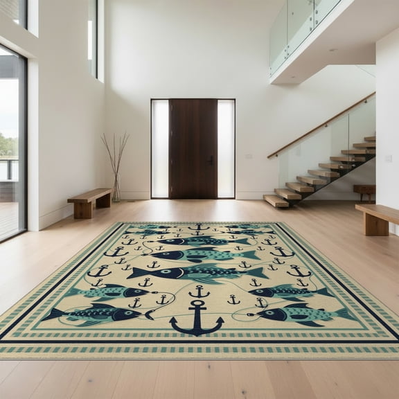 Design&I 8'x10' Washable Area Rug Fish Fishing Motif School Wave Marine Theme Hunting Animals Pat for Dining Room, Large Office, Lounge, Snag-Free