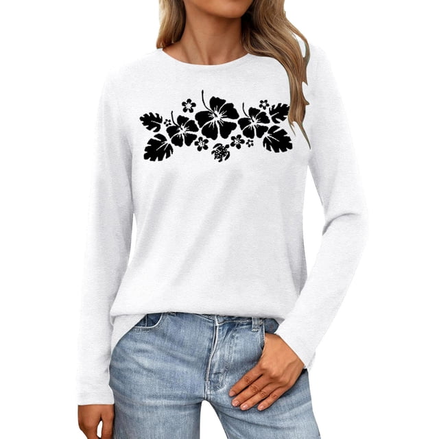 HUITKMM T-Shirts en Coton pour Femmes T-Shirt Décontracté Imprimé à Col Rond à Manches Longues pour Femmes