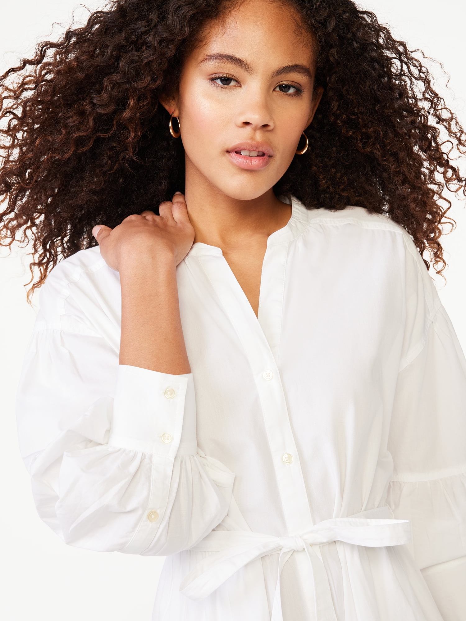 Free Assembly Women's Tiered Mini Shirt Dress with Long Sleeves, Sizes XS-XXL