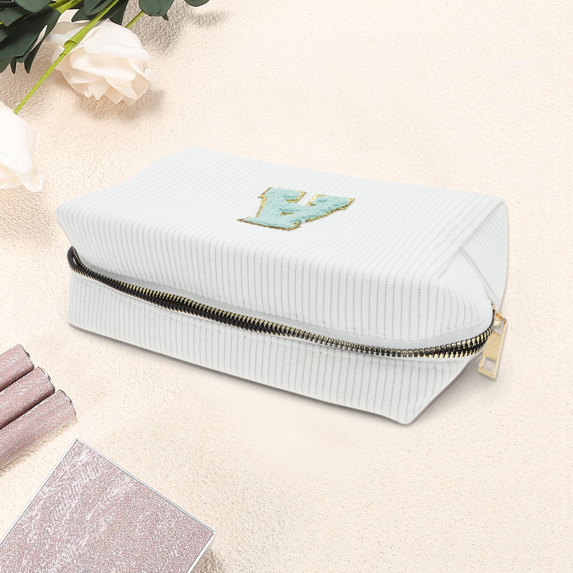 Unique Bargains 1 Pc Portable Corduroy Rectangular Letter Makeup Bag White [Letter A]