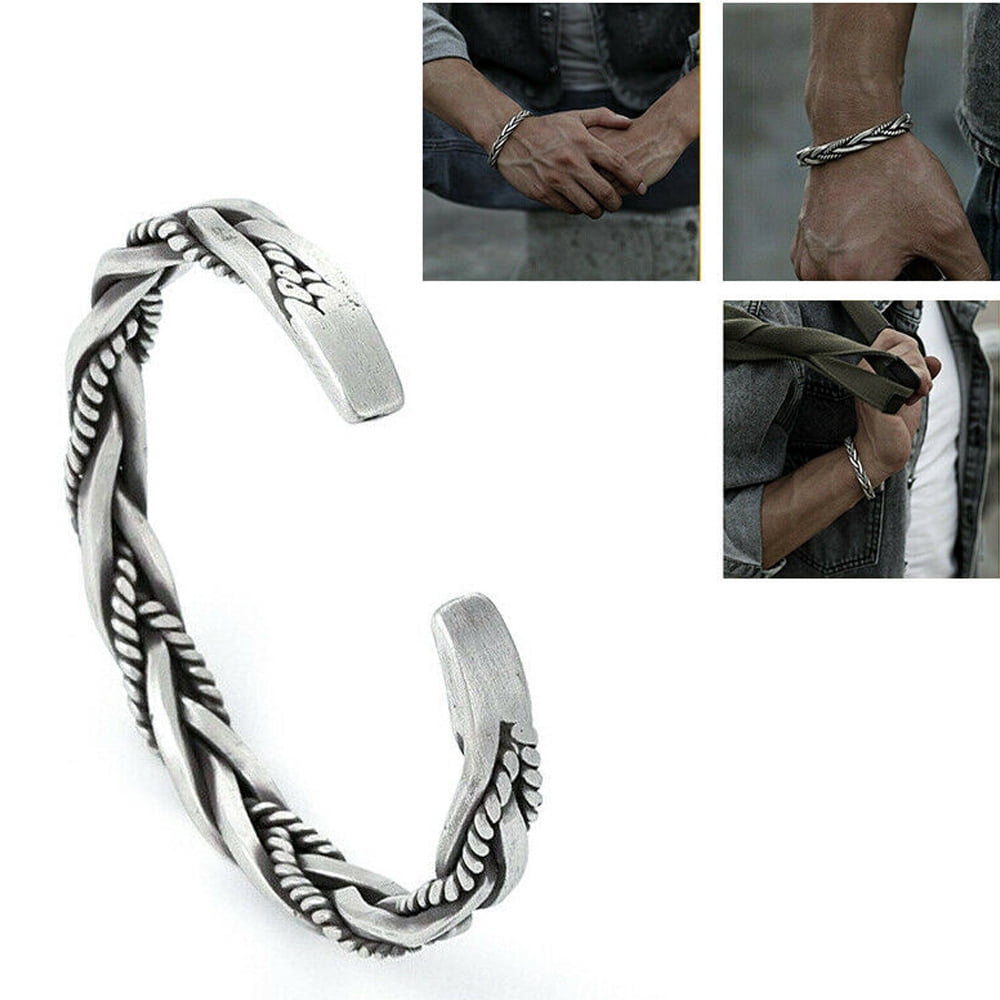 Men 925 Sterling Silver Thai Handmade Vintage Open Bangle Twisted Cuff Bracelet 