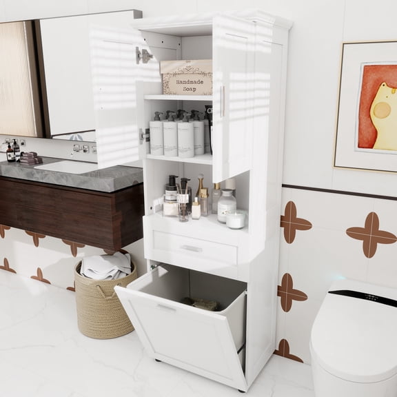 Tall Bathroom Cabinet with Laundry Basket, Large Storage Space Tilt-Out Laundry Hamper and Upper Storage Cabinet, White